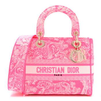 CHRISTIAN DIOR Canvas Toile De Jouy Reverse Embroidered Medium Lady D-Lite Fluorescent Pink