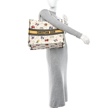 CHRISTIAN DIOR Canvas Embroidered Large Pixel Zodiac Book Tote Latte Multicolor