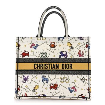 CHRISTIAN DIOR Canvas Embroidered Large Pixel Zodiac Book Tote Latte Multicolor