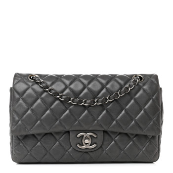 CHANEL Lambskin Quilted Medium Double Flap Dark Grey